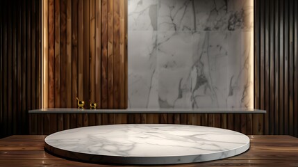 Presentation of an empty podium with a wood background a kitchen board desk and a restaurant top with white light marble