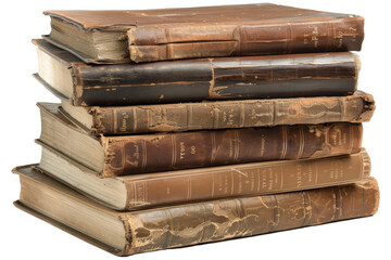 A collection of well-worn vintage books stacked neatly on a surface, showcasing intricate bindings and varied colors in a cozy reading corner