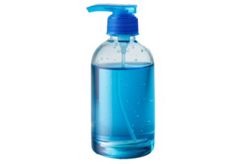 Clear bottle containing blue liquid on a white surface, demonstrating a hand pump mechanism ideal for dispensing various liquids in a controlled manner