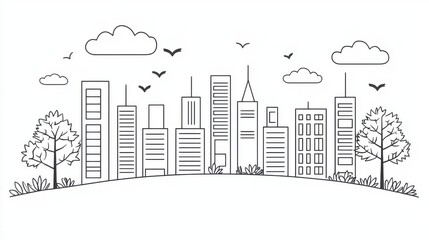 Minimalist city skyline illustration featuring trees, clouds, and birds in a serene landscape.