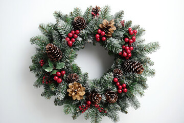 Traditional Christmas Wreath with Pinecones and Red Berries on White Background
