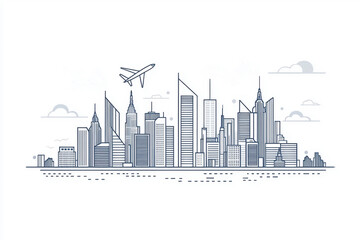 Obraz premium Stylized city skyline with planes flying over modern skyscrapers, representing urban life and aviation.