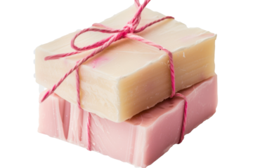 A wrapped bar of vibrant blue soap tied with natural twine, showcasing its smooth surface and appealing color against a white background