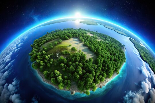 Aerial view of lush green earth and blue ocean