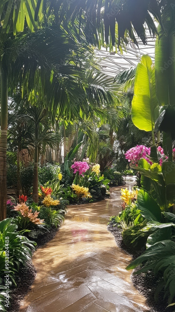 Poster a winding path weaves through a lush oasis filled with colorful blooms and swaying palms