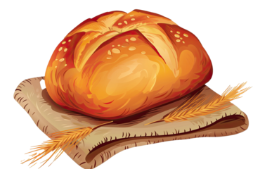 Freshly baked artisan bread displayed on a rustic cloth with wheat ears in a cozy kitchen setting