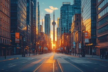 Fototapeta premium Empty City Street at Sunset with Tall Buildings and a Distant Tower