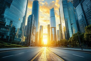 Fototapeta premium Cityscape with Tall Glass Buildings and Sunset