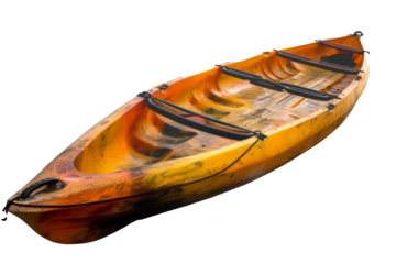 A bright orange kayak with dual paddles ready for paddling adventures on calm waters surrounded by lush greenery