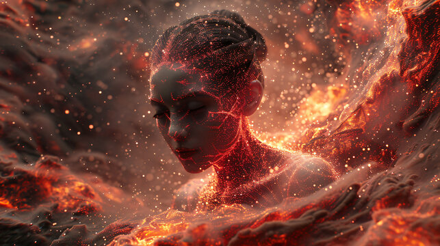 Quantum Necrotic Field: A 3D abstract background depicts a swirling quantum field filled with dark energy and decaying particles. Within the field, a shadowy, 