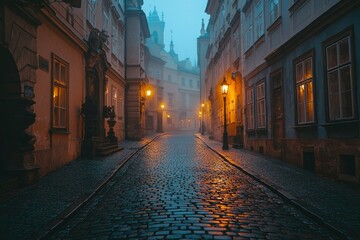 Obraz premium A cobblestone street lit by lampposts in a European city