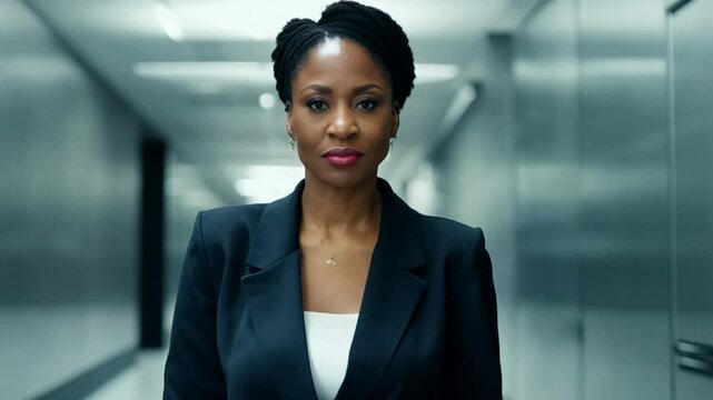 Stern-faced Black female executive walks confidently.