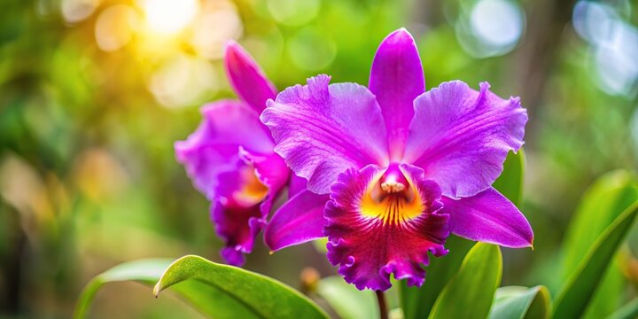 Aerial view of purple hybrid cattleya orchid on blurred background