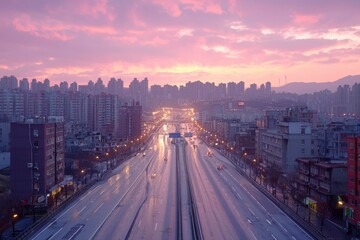 Fototapeta premium A City Highway Under a Pink Sky at Dusk