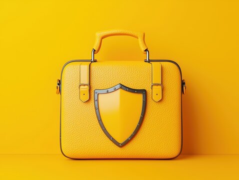 Bright yellow briefcase with shield emblem on vibrant yellow background, emphasizing safety and protection in business and travel.