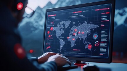 Business expansion strategy shown as a comprehensive growth map on a sleek screen, with a majestic mountain range in the background, symbolizing strategic and thoughtful expansion