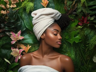 Peaceful Black woman with a towel wrapped around her, resting in a spa with a botanical garden theme, vibrant flowers in the background, joyful mood, serene atmosphere