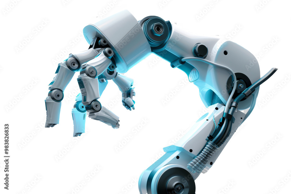 Leinwandbilder A detailed robotic arm showcasing advanced mechanics and articulation with intricate wiring and tools in a workshop setting