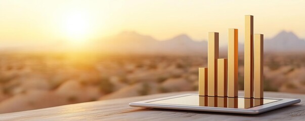 Market dominance shown as an ascending bar graph on a tablet interface, with a breathtaking view of a sunlit desert landscape, representing the achievement of industry leadership