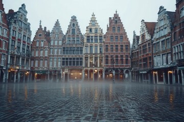 Obraz premium A row of historic brick buildings with fog and reflection in a cobblestone square