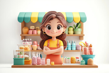 A cheerful character stands proudly behind a colorful candy shop counter filled with various sweets and treats in a whimsical setting
