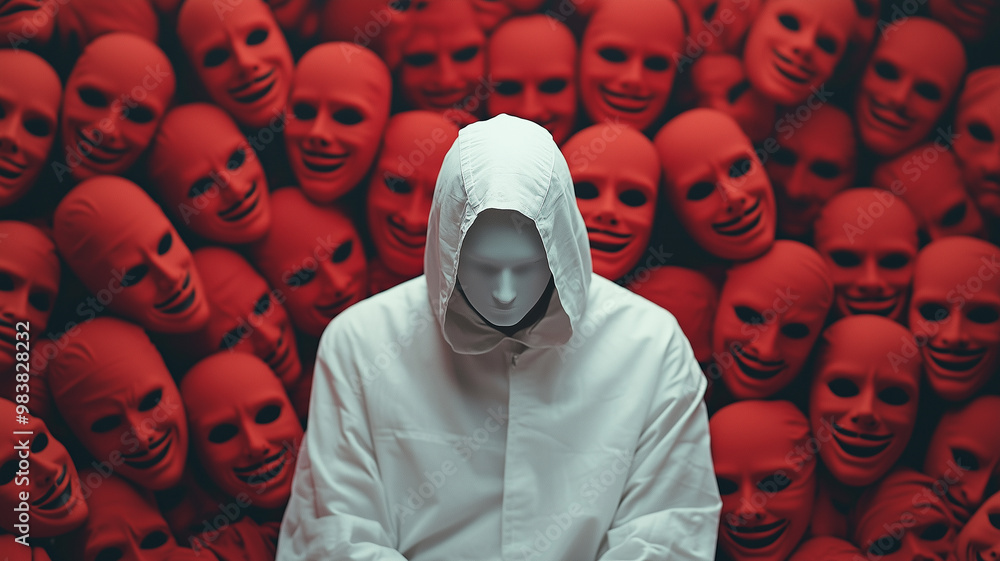Poster a mysterious figure in white robe and hood sits in front of wall of red smiling masks, creating an e