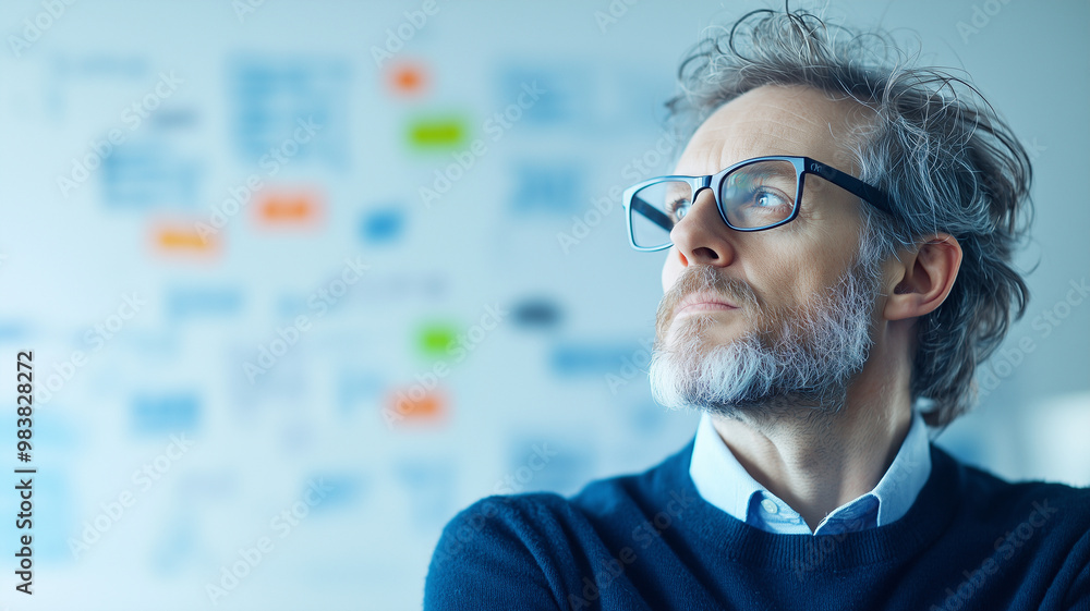 Poster A thoughtful man with glasses reflects on ideas while surrounded by creative workspace filled with notes and diagrams. His expression conveys deep contemplation and focus