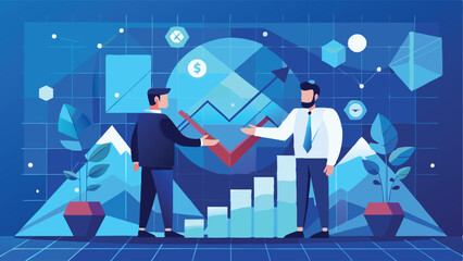 Fototapeta premium Print Chart Graph with Up Arrow Hologram and Businessmen Handshake on Technology Background Vector Illustration