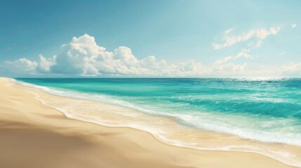 Obraz premium Peaceful beach scene with blue sky, white clouds, and turquoise water.