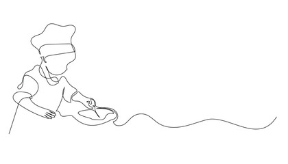 continuous line drawing of child making bread.single line drawing of little chef.one line vector illustration.isolated white background