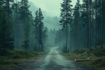 Obraz premium Foggy Forest Path with a Fallen Log