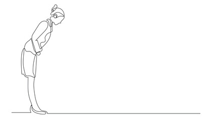 female staff giving greetings with a bow.single line illustration.continuous line vector.isolated white background