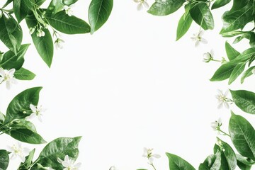 A leafy green frame with small white flowers isolated on white background