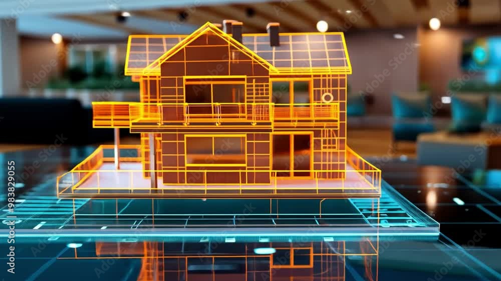 Poster a digital model of a house featuring solar panels stands prominently in a well-lit indoor space, ill