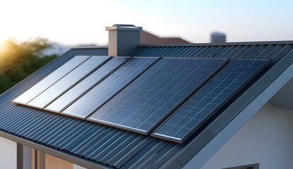 Fototapeta premium Modern Home with Solar Panels at Sunset - Sustainable Energy Concept