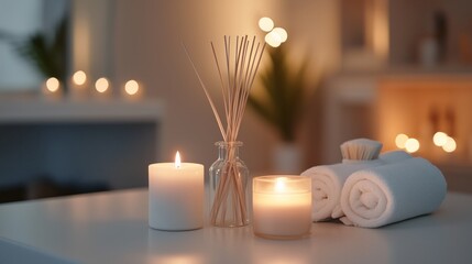 Burning candles and aromatic reed freshener on table in spa salon, space for text