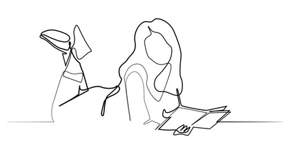 line art of woman studying by lying on the floor.line vector illustration