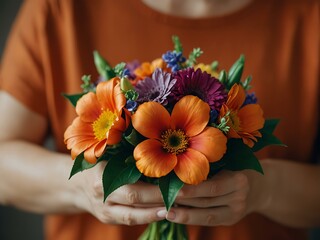 Close-up of hands holding a vibrant flower bouquet.