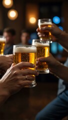 Close-up of hands holding frothy beer glasses in a dim bar, symbolizing celebration.