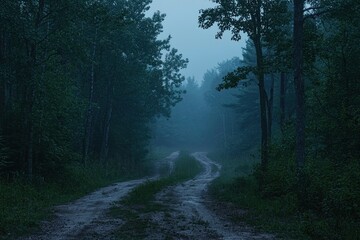 A Winding Dirt Road Through a Misty Forest at Dusk