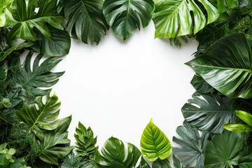A rectangular frame made entirely made with tropical leaves isolated on white background