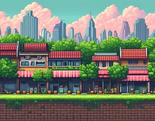 bangkok in the style of detailed illustration, in pastel colors, A pixelated game screen background with small squares in front