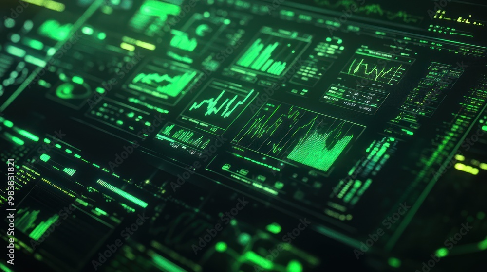 Poster close-up of digital screen on trader's desk showing complex ai-driven financial model with charts an