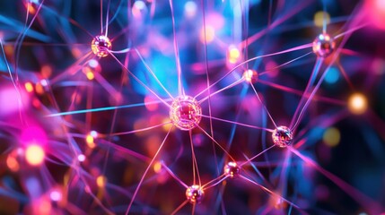Fototapeta premium A conceptual image of a neural network enhanced by quantum computing capabilities, represented as a neon-lit web of interconnected nodes and lines