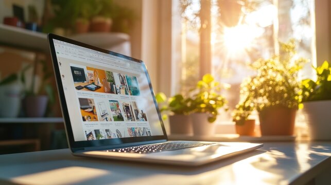 Laptop screen showing live shopping session with person demonstrating electronic devices, laptop placed on table.