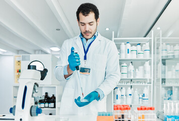 Man, scientist and blood test in lab for medical analysis, dna experiment and engineering solution....