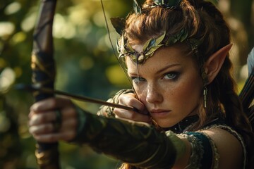 An elf archer aiming through a dense forest