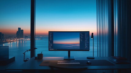 Fototapeta premium Dynamic Workspace Monitor with Open Applications on Minimalist Stand near wide window with view of the sea sunset
