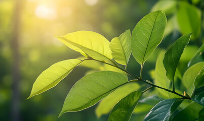 The green leaves touch the evening sun. tropical leaf texture Light