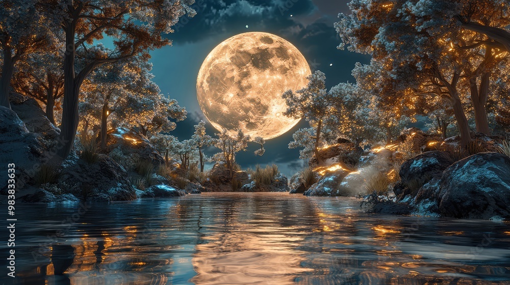 Poster a glowing 3d moon casting soft light on a surreal landscape made of metallic trees and translucent w